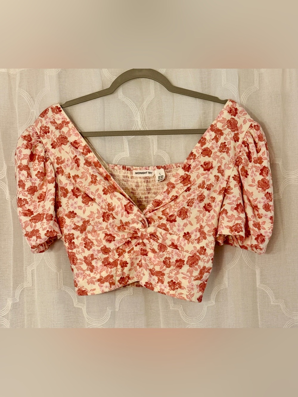 Midnight Sky Pink Floral Smocked Puff Sleeve Crop Top Twist-Front | Large